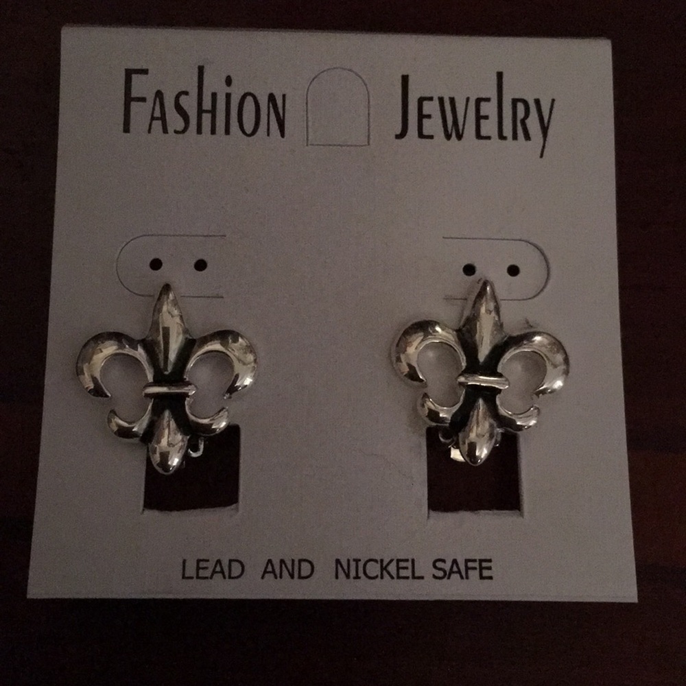 Fleur de lis silver clip on earrings